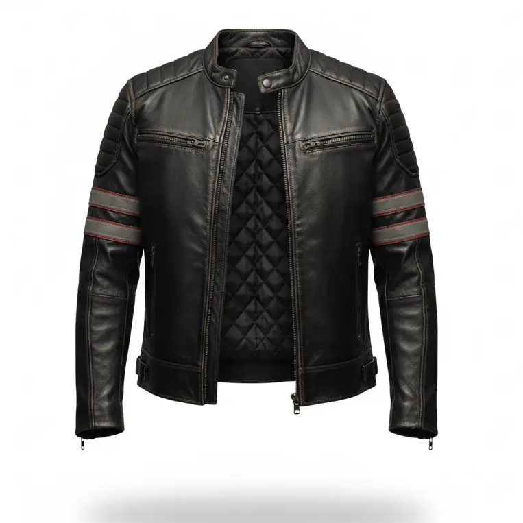 Vintage Distressed Leather Jacket V2V1 Black Fitted Long Sleeve Casual Rock Style All Seasons Medium Length