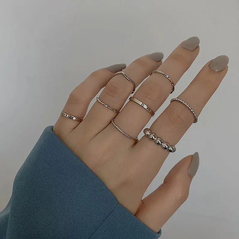 JewelryUSA - 8Pcs Fashion Jewelry Rings Set  Metal Hollow Round Opening Women Finger Ring for Girl Lady Party Wedding Gifts