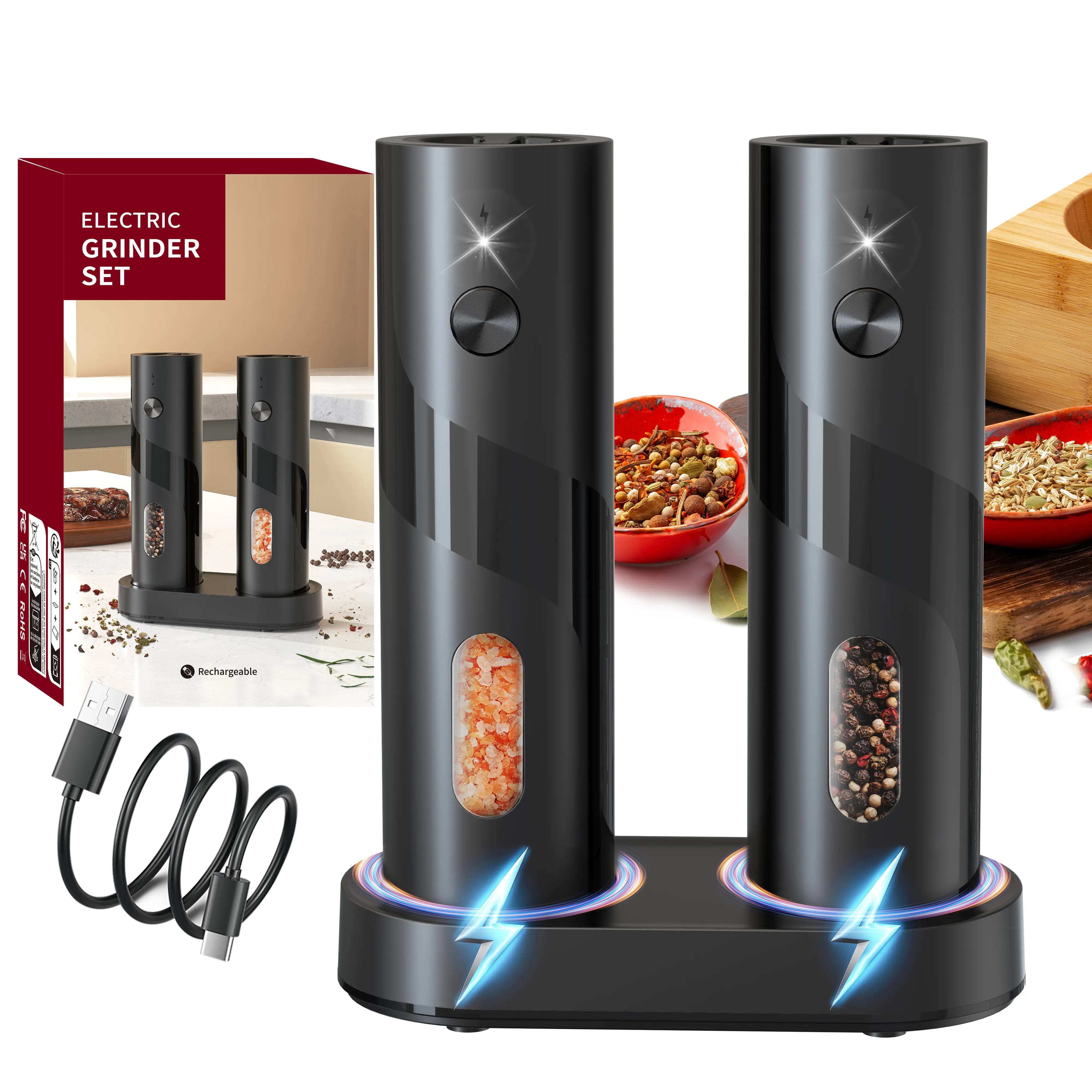 Rechargeable Electric Sea Salt & Pepper Grinder Set,  Adjustable Coarseness 1-Handed Operation,Modern Kitchenware Gadget Seasoning Utensil for Cooking