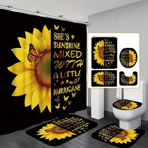 1/4pc sunflower pattern bathroom decor set, including shower curtain, toilet U-shaped mat, bathroom mat, and toilet seat cover. Perfect for bathroom decoration, partitioning, and beautifying the space. Comes with 12 shower curtain hooks.
