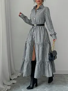 Women's Plaid Print Ruffle Trim Dress, Elegant Fashion Casual Everyday Wear A Line Dress for Daily Outdoor Wear, Women Dress for Fall & Winter, Dresses for Women