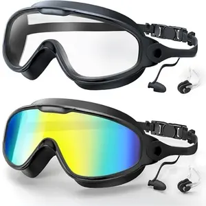 Large Frame Swimming Goggles, 2pcs Anti-fog UV Protection Swimming Goggles with Earplugs, Swimming Accessories for Adults & Teens