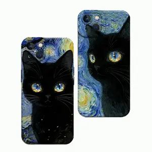 Starry Sky Black Cat Phone Case, Oil Painting Art Aesthetic Cover for iPhone 17 16 15 14 13 12 11 XS XR Pro Max Mini 16E, Cute Cat Lovers Protective Shockproof Soft Case, Trendy Galaxy Starry Night Design