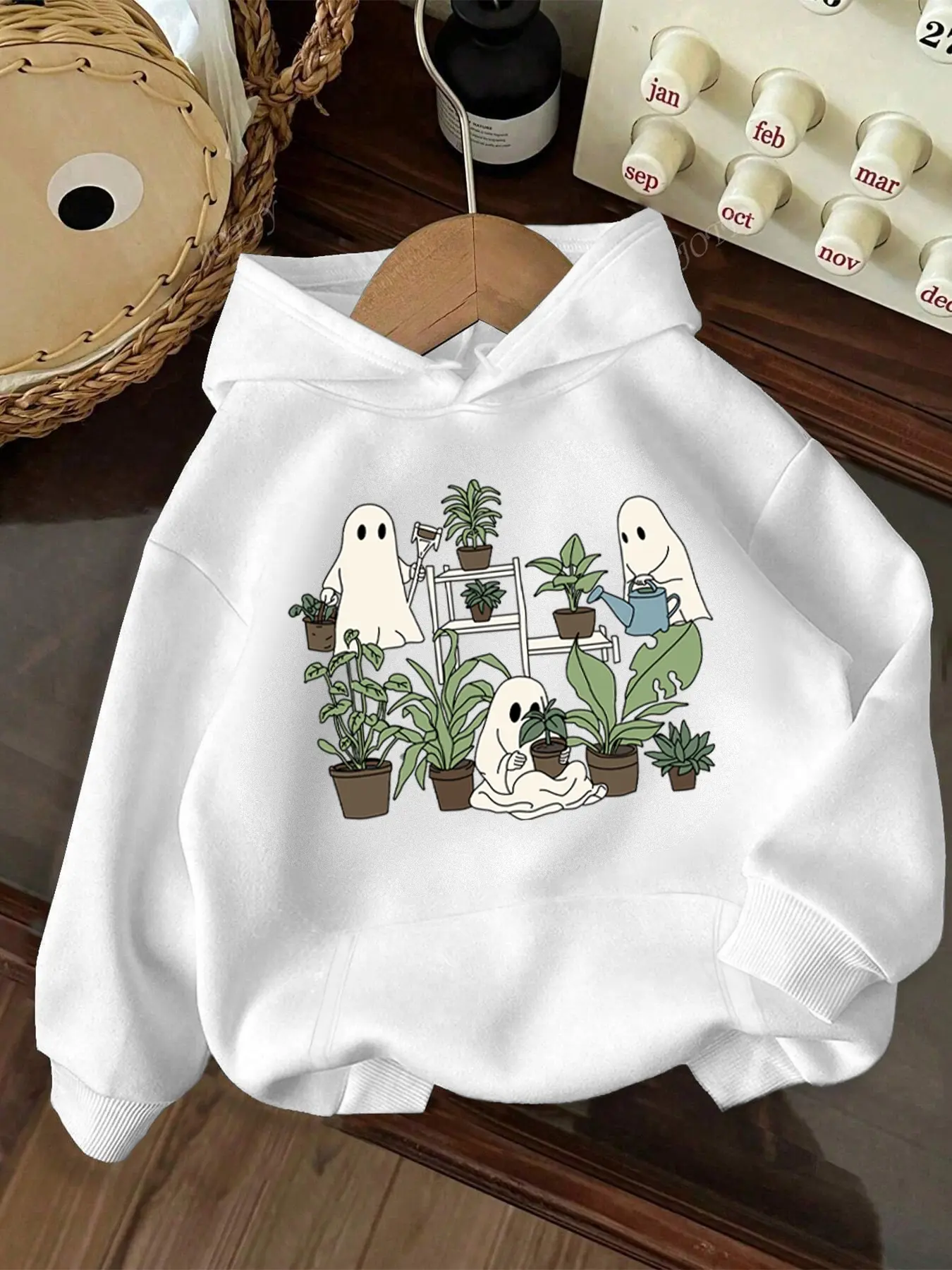 Women's Halloween Cartoon Soul Graphic Hoodie Sweatshirt, Loose Fit Comfortable Home Wear, Ghost Plant Print, Perfect Holiday Decoration, Fall Winter Fashion