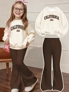 California Letter Print Casual Set, Includes Loose Sweatshirt and Flared Pants, Comfortable and Easy to Wear for Kids 4-13, Perfect for Daily Wear and Parties, Unique Print Pattern