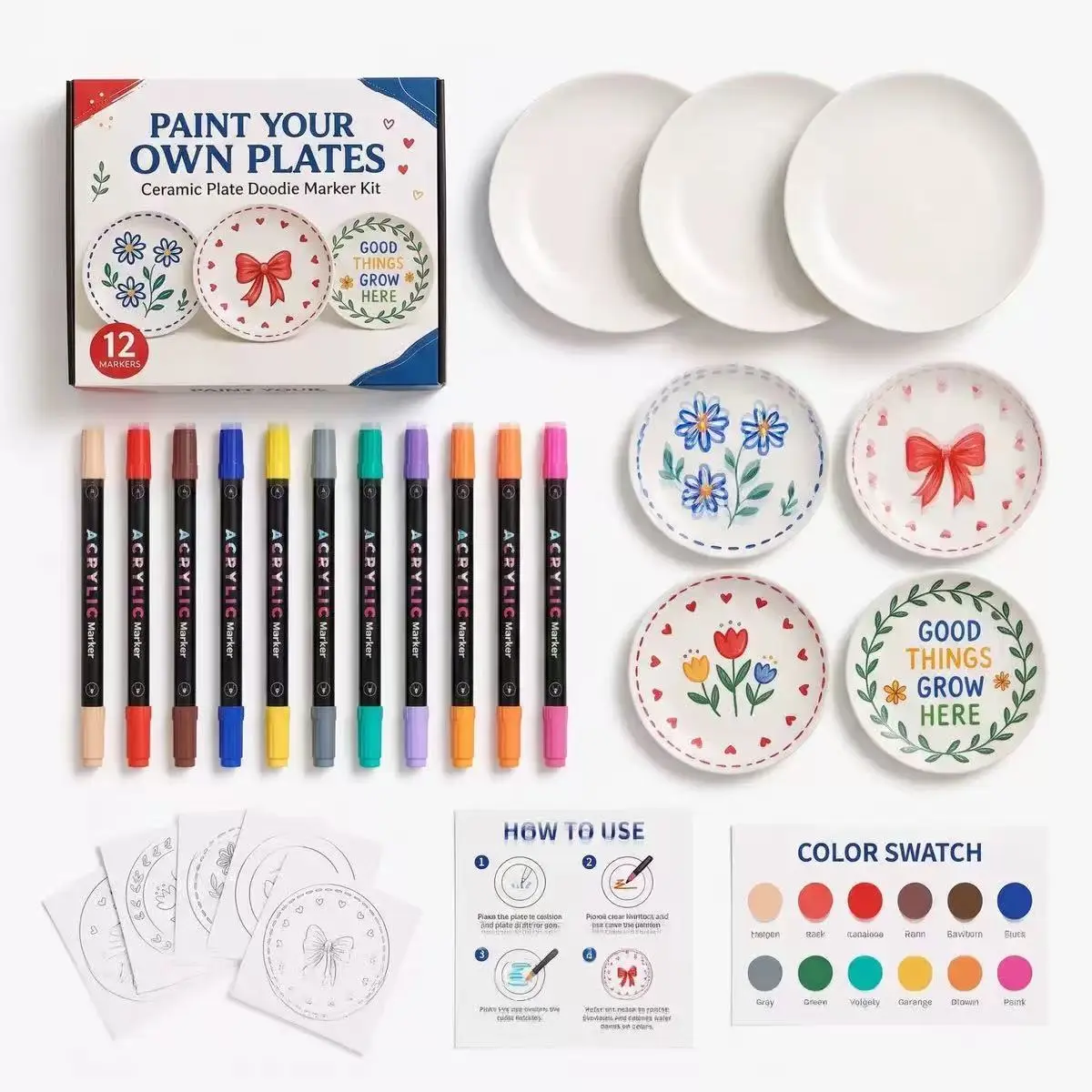 Paint Your Own Ceramic Set, Blank Ceramic Plates + 12 Vibrant Shades Acrylic Marker Pens, Waterproof Paint Pens for DIY Pottery Mug Plate Decoration, Creative Handcraft Supplies for Party & Gift
