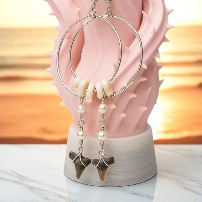 Salty Fossils Collection Bohemian Vibes Silver Hooped Authentic Shark Tooth Fossil Earrings with Freshwater Pearl Beading for Female Jewelry Accessories Unisex Fashion Accessory Handmade in Florida Natural Beach Product