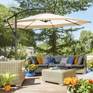 Crestholm 10FT Offset Cantilever Parasol with Cross Base, No Center Pole 360° Rotating Shade with Crank & Cross Base for Pool, Sectional, Dining Set, Deck