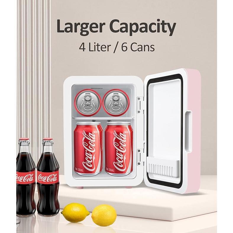 Mini Skincare Fridge (4 Liter/6 Can) with Dimmable LED Light Mirror, Cooler and Warmer for Refrigerating Make Up, Skin Care and Food, Portable Mini Fridge for Bedroom, Office and Car, Pink