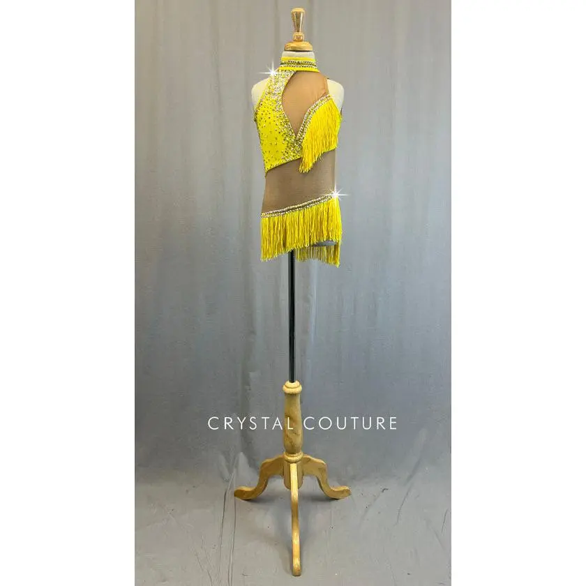 Custom Yellow Leotard with Nude Mesh Inserts and Fringe - Rhinestones