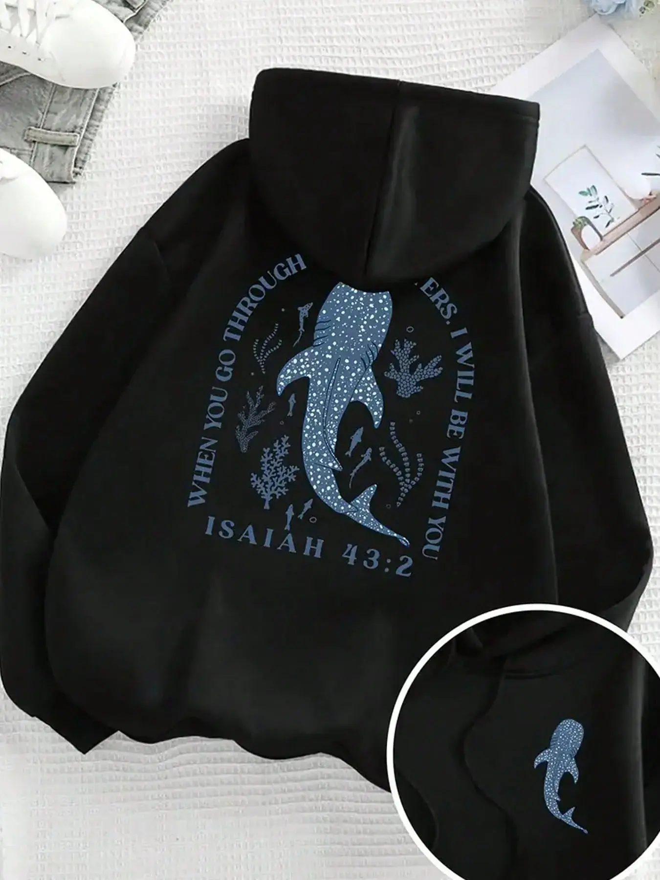 When You Go Through Waters I Will Be With You Double Print Hoodie, 270G Brushed Fleece Whale Shark Isaiah 43:2 Ocean Christian Hooded Sweatshirt, Religious Nature Aesthetic Casual Pullover For Men Women