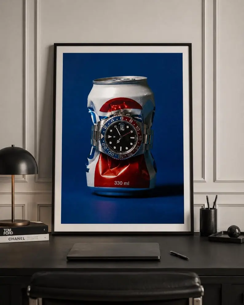 Watch And Crushed Soda Can Pop Art Print, Blue Red Statement Wall Decor, Home Decor