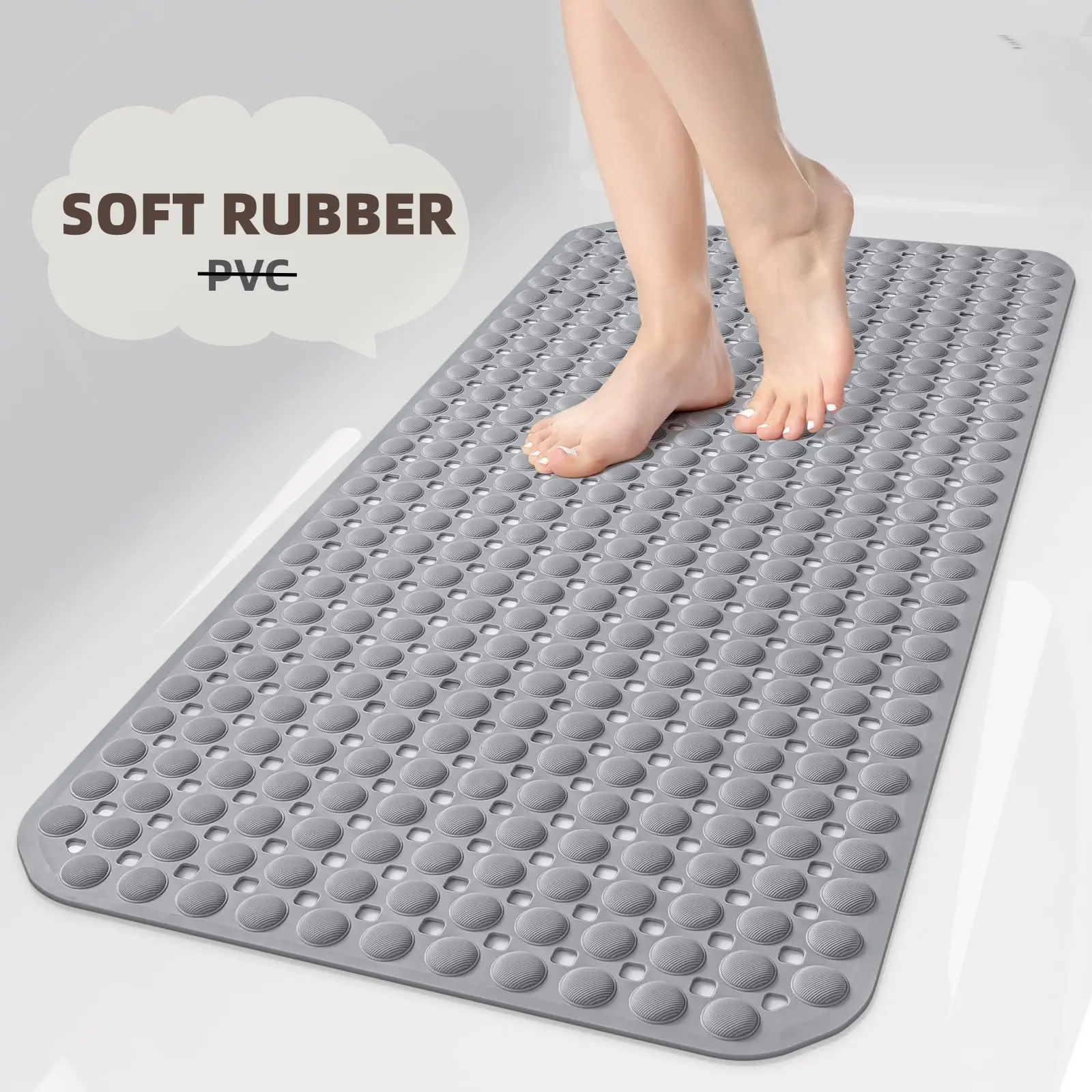 Soft Rubber Non Slip Bathtub Mat, 35x16 Inch Large Shower Mat for Bathroom Tub, Better Than Cheap PVC Mats, 198 Strong Suction Cups & Quick Drain Holes, Massage Foot Nodules, Machine Washable Shower Floor Liner, Non-Slip Grip Bath Mats