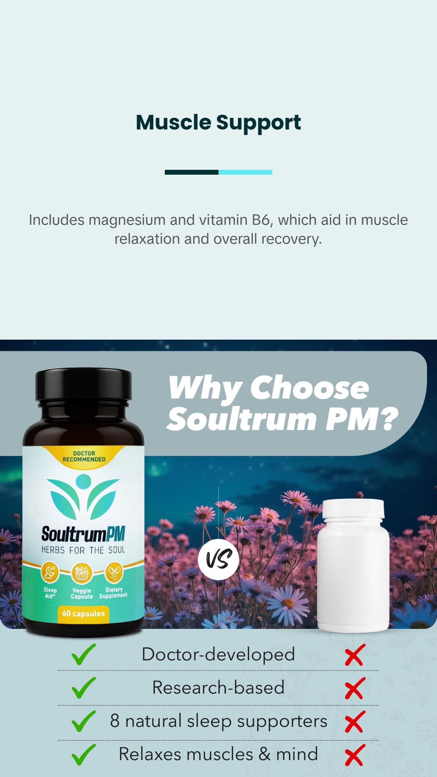 Soultrum PM – Natural Sleep Aid - Nighttime Sleeping Supplement with Melatonin 3mg, L Theanine 200mg, Vitamin B6 5mg,  Glycinate 11mg, Ashwagandha, Chamomile, Valerian Root, Passionflower & Magnesium Glycinate. Dietary Muscle Capsule
