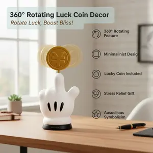 Minimalist Hand Desk Ornament with 360° Rotating Lucky Coin, Auspicious Stress Relief Gift for Office Success and to Attract Wealth