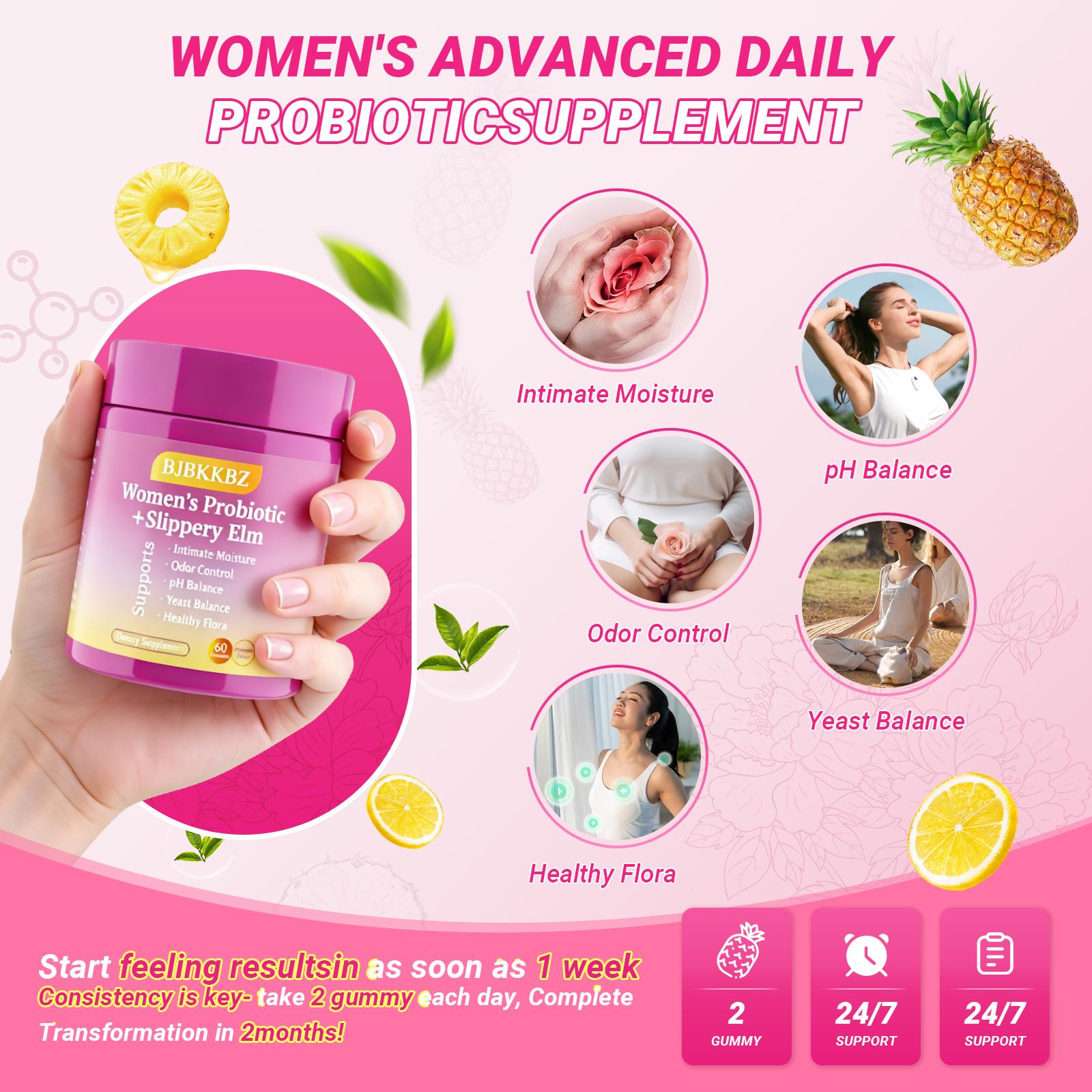 BJBKKBZ Women's Probiotic + Slippery Elm Gummies, Pineapple Flavor, Supports pH Balance, Yeast Balance & Intimate Health, 60 Count Dietary Supplement