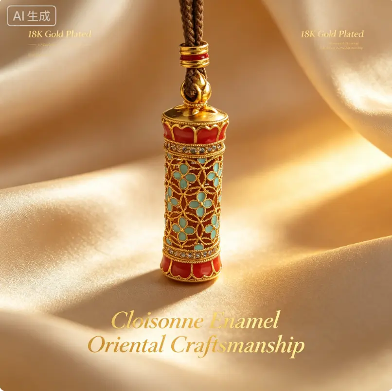 18K Gold Plated Filigree Cylinder Pendant Necklace, Handcrafted Enamel Cloisonne Four-Leaf Clover Locket, Luxury Oriental Vintage Jewelry with Adjustable Woven Rope for Women Banquet Daily Wear