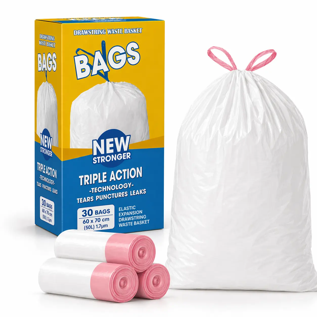Eco-Friendly Degradable Trash Bags, 13 Gal 270-Count Boxed Unscented Bags with Non-Tear Puncture Resistance, Odor Control Tech, Durable Easy-Grip Drawstrings for Kitchen, Bedroom (30pcs per Pack, Total 270-Count), 13 Gallon