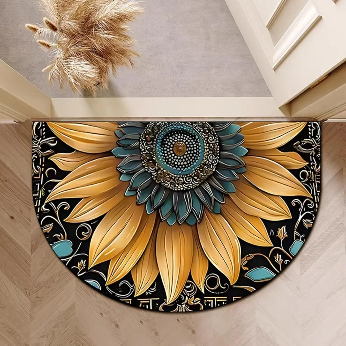 Half Circle Door Mat Non-Slip Washable Welcome Mat Vibrant Sunflower Print Low Profile Front Door Mat Semicircular Entrance Doormat Mat for Indoor Outdoor Entryway Patio   bathroom safety mat