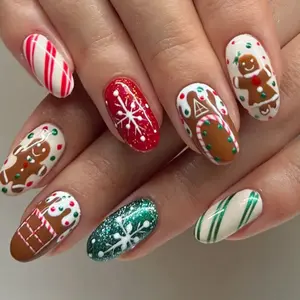 24pcs Short Oval Press-On Nails, Snowflake Gingerbread Man Stripe Design, Christmas Winter Style, Acrylic False Nails, Includes Jelly Glue & Nail File