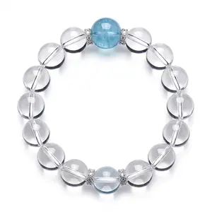 Natural Brazilian Aquamarine & Clear Quartz Bracelet, 10mm Beads S925 Silver Spacers, Energy Healing Crystal Jewelry, Emotional Balance & Calm Stone Beaded Bracelet for Women, Universal Fit Spiritual Gemstone Accessory, Ideal Gift