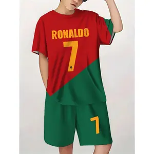 NewBoys Soccer Gear #   7 - Ronaldo T-Shirt and Shorts Set, Green & Red with Golden Number Design, Casual Outdoor Wear for Spring/Summer, Comfortable Fabri, for Outdoor