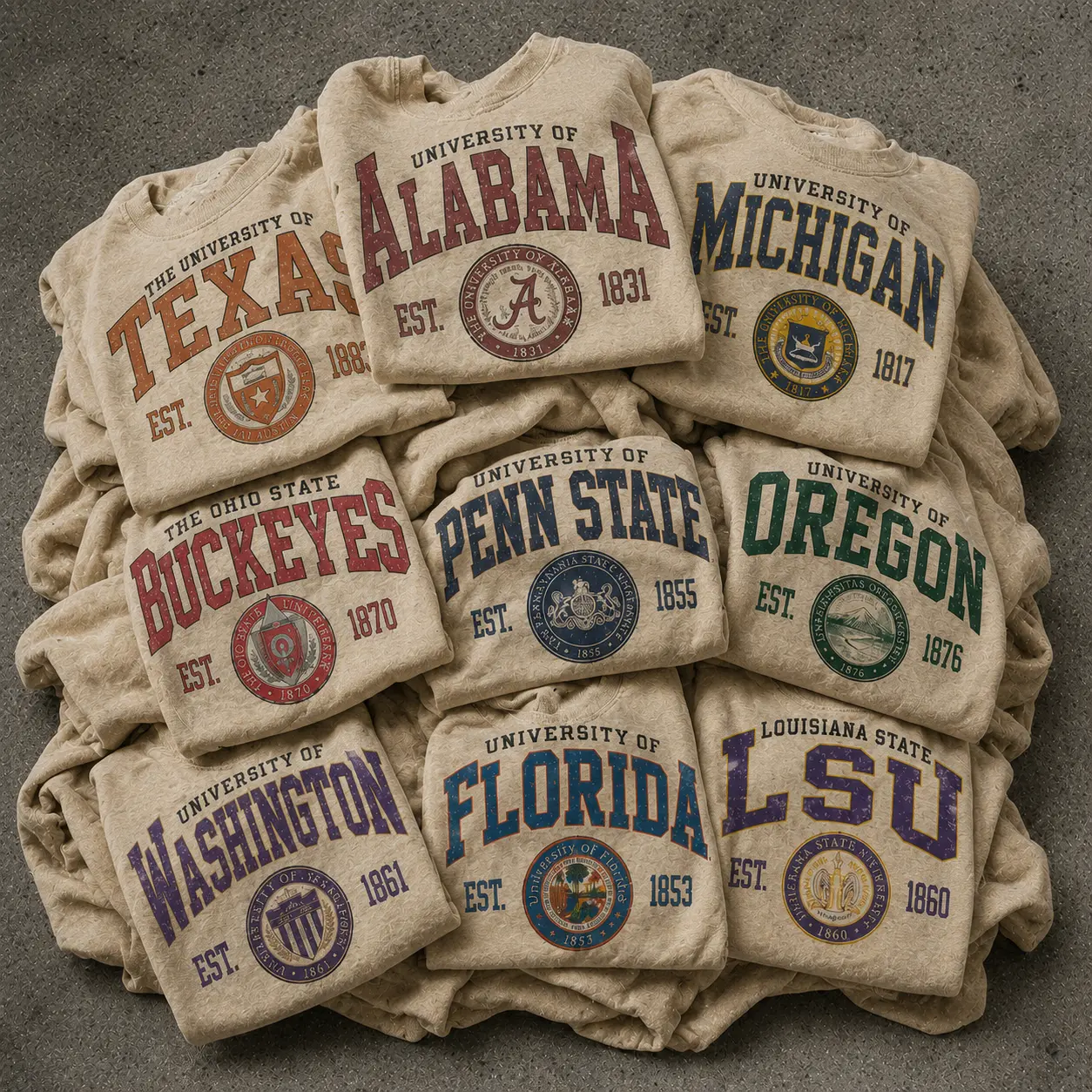 Vintage College University T-Shirt Bundle, Retro Campus Graphic Tee, Classic Sand Cotton Crew Neck, Distressed Varsity Style, Unisex Casual Streetwear, Gift for Students, Alumni, Sports Fans, Everyday Wear