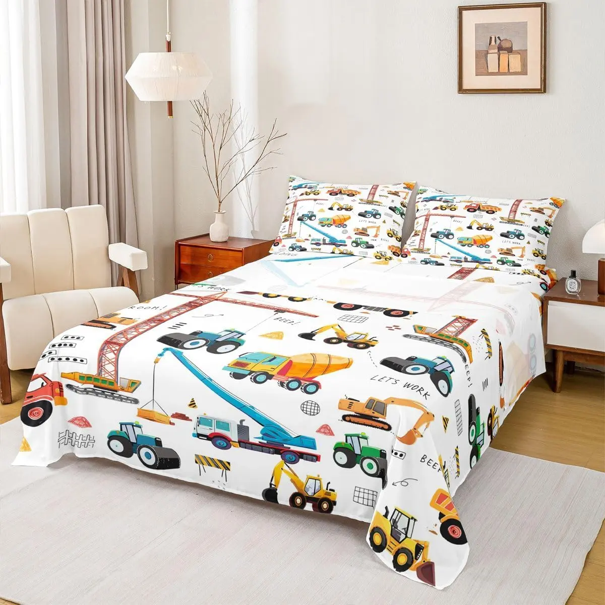 Tractor Bed Sheets,Excavator Machinery Trucks Sheet Set,Construction Vehicle Fitted Sheet,Bulldozer Crane Equipment Truck Flat Sheet For Bedroom Decor,Yellow Green