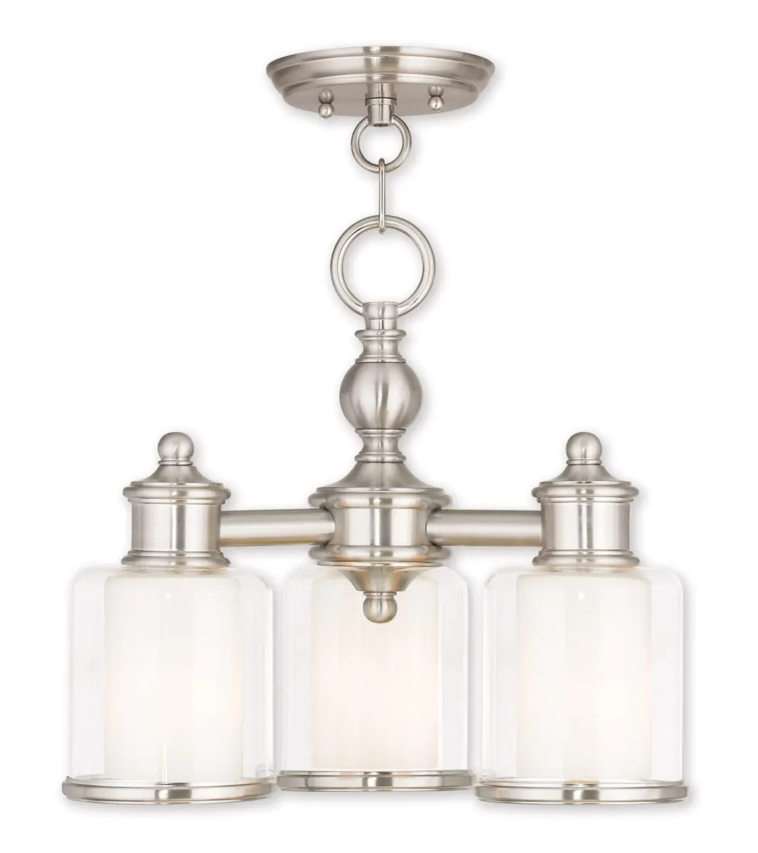 3 Light Brushed Nickel Mini Chandelier/Ceiling Light fixture with Clear Glass & Satin Opal White Glass Shade