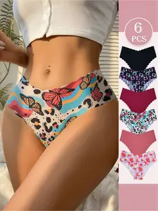 6 Pack Seamless Women's Mid-Waist Underwear Panties Romantic Valentine's Day Print Hearts Butterflies Soft Comfortable Nylon Blend Low-Rise Elastic Fit Opaque Intimates Simple Style