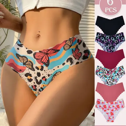 6-Pack Women's Seamless Mid-Rise Printed Underwear, Butterfly and Heart Designs for Valentine's Day, Soft and Comfortable Nylon-Blend Panties, Stretch Fit Opaque Intimates for Everyday Wear