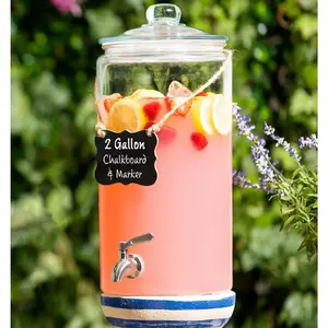 2 Gallon Beverage Container, with Stainless Steel Faucet + Marker Pen and Blackboard, 100% Leakproof Glass Beverage Dispenser, Suitable for Parties, with Spout, Sealed Beverage Dispenser, Suitable for Fruit Juice and Laundry Use