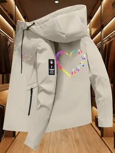 Rainbow Paw Print Heart Jacket, Pet Style Hooded Jacket, Watercolor Heart Paw Print Top, Casual Long Sleeve Windbreaker for All Seasons