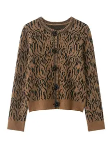 Women's Animal Print Jacquard Knit Sweater Cardigan, Round Neck Long Sleeve Button Front, Casual Commuter Wear, Loose Fit Bottoms