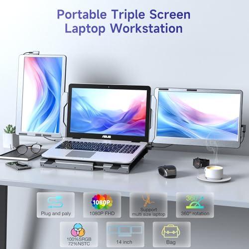 F2 Triple Portable Monitor Extender Aluminum Alloy Dual 14'' Display Multi-angle FHD 1080P IPS Type-C/Mini HDMI Laptop Screen Extender Working with Surface Compatible with Windows/MAC/Chrome/Linux