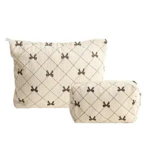 2PCS Cute Corduroy Makeup Bag Set for Women, Small Travel Toiletry Bag, Coquette Cosmetic Pouch With Bow, Portable Versatile Zipper Pouch - Khaki