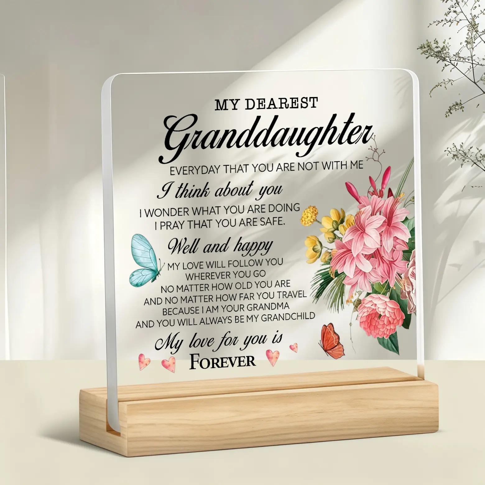 My Dearest Granddaughter Floral Butterfly Acrylic Desk Plaque with Wooden Stand, Sentimental Table Sign Gift for Granddaughter from Grandma, Birthday Christmas Graduation Home Desktop Decor