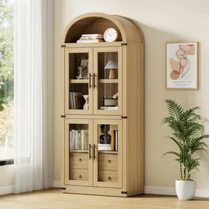 71.7 Inch Arched Bookcase with 4 Glass Doors and 2 Drawers, Wood Display Cabinet, Anti-Tip, Natural Wood Finish