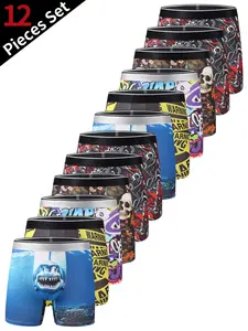 12-Piece Set Men's Underwear Boxer Briefs - Soft & Skin-Friendly, Breathable & Non-Sweaty, High-Stretch & Non-Restrictive, with Trendy Geometric & Pop Culture Prints, Perfect for Sports & Casual Wear