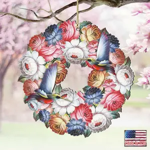 Designocracy 8185312-S2 5 x 5.5 in. Birdy Floral Wreath Wooden Ornaments - Set of 2