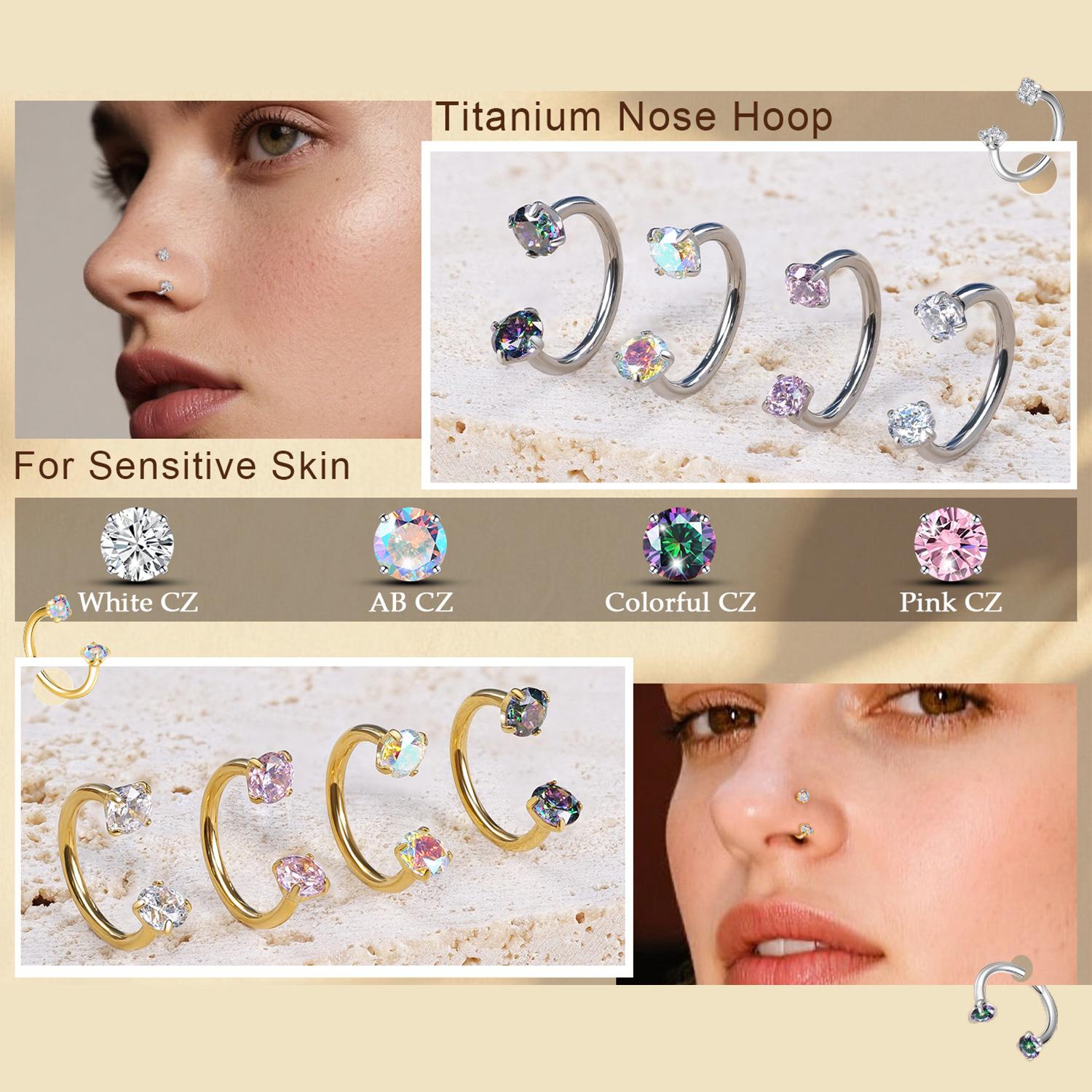 18G Titanium Steel Nose Rings Set – Internally Threaded Horseshoe Hoop with Gems, Surgical Grade, Includes Insertion Tool