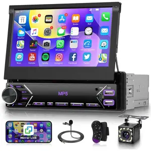 Single Din Flip Out Car Stereo Bluetooth 7 Inch Retractable Touch Screen Car Radio 1 Din Mirror Link/FM/EQ USB/Type-C/AUX SWC,  Car Audio Receiver MP5 Multimedia Player with Backup Camera