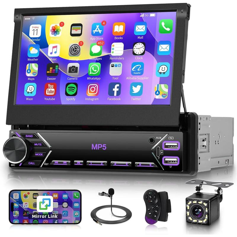 Single Din Flip Out Car Stereo Bluetooth 7 Inch Retractable Touch Screen Car Radio 1 Din Mirror Link/FM/EQ USB/Type-C/AUX SWC,  Car Audio Receiver MP5 Multimedia Player with Backup Camera