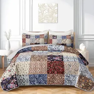 Boho Patchwork Quilt Set  Size - Cottagecore Floral Bedspread Coverlet with 2 Pillow Shams,  Style Lightweight  Season Bedding - Farmhouse Style