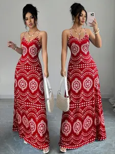 Women's Floral Halter Long Dress, Chic Boho Bohemian Summer Waist Cinch Slimming Beach Vacation Style, Elegant Flowy Maxi Dress for Women