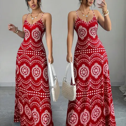 Women's Floral Halter Long Dress, Chic Fashion Casual Wear Boho Bohemian Summer Waist Cinch Slimming Beach Vacation Style, Elegant Flowy Maxi Dress for Women Boho Beach Sundress