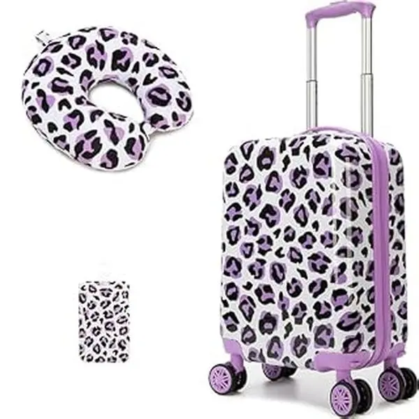 Girls' 3-Piece Chic Purple Leopard Cheetah Print Hardshell Luggage Set - Zip, Graphic 4-Wheels 360-Rotation Spinner, Matching Travel Neck Pillow & Luggage Tag, Carry-On Rolling Suitcase for Teens, Carry On Roller Bag