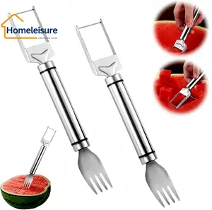 2-in-1 Stainless Steel Fruit Cutter, Watermelon Fork Slicer Tool, Watermelon Slicer and Fork, Dual Head Knife with Round Handle for Kitchen Fruit Cubes (2Pcs)