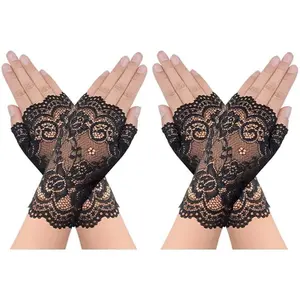 Elegant Lace Fingerless Gloves for Women 2 Pairs Floral Design Short Gloves for Bridal Prom Wedding Party Costume Accessories