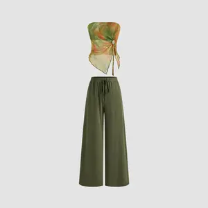 Cider Women's Mesh Tie Dye Bandeau & Wide Leg Trousers Set | comfortable Crop Top with Cut Out Design and Abstract Color for Vacation Outfits & Summer Spring Beach Wear with Vintage Style